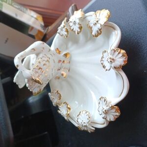Italian vintage ceramic trinket jewelry dish, swan, sea shell, gold leaf